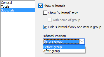 The available options for display and positioning of Sub Totals.  You have the option of showing or hiding Sub Totals.  You also have the option of placing the Sub Totals before or after the group being summed.